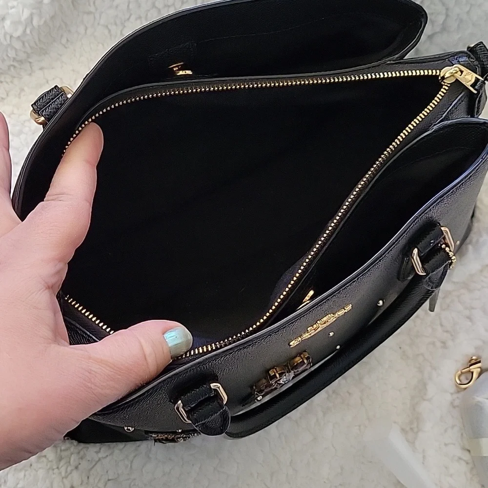 Coach Carryall Bag Black Pebble leather with embroidery Bee and Crystal Flowers - Picture 5 of 7